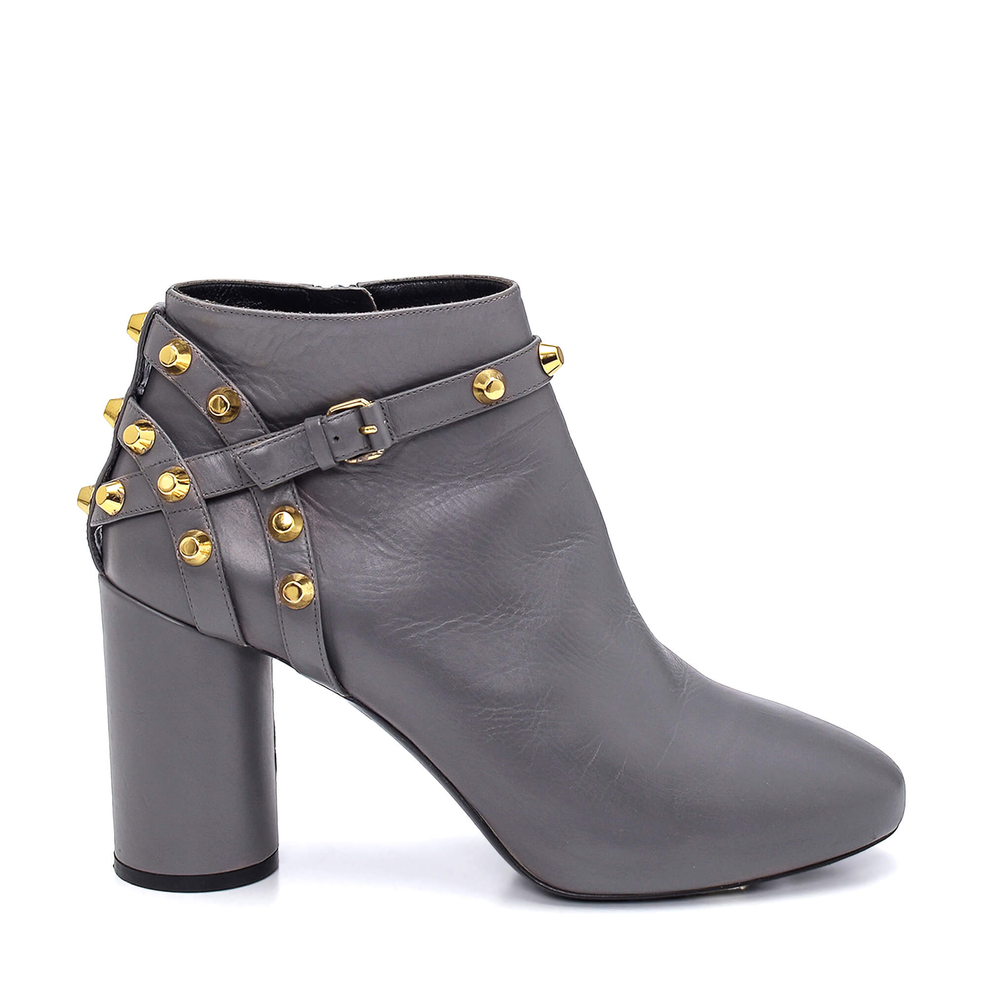 Balenciaga - Grey Leather Studded Strap Valencia Ankle Boots